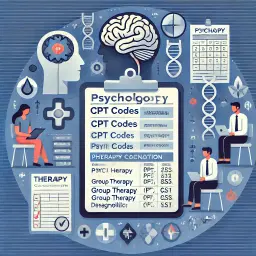 Illustration of behavioral health coding documentation showing psychology CPT codes for therapy sessions, evaluations, and mental health services