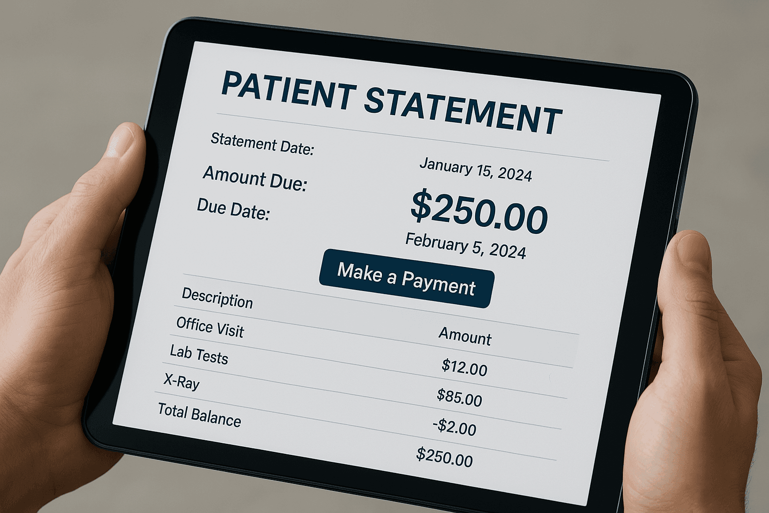 Digital patient statement on a tablet device showing clear medical billing information