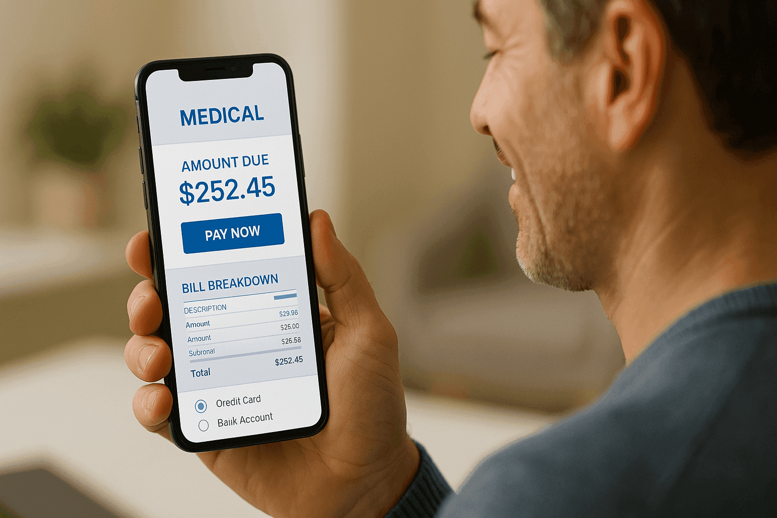 Patient reviewing a digital statement on a smartphone, showing satisfaction with clear billing information