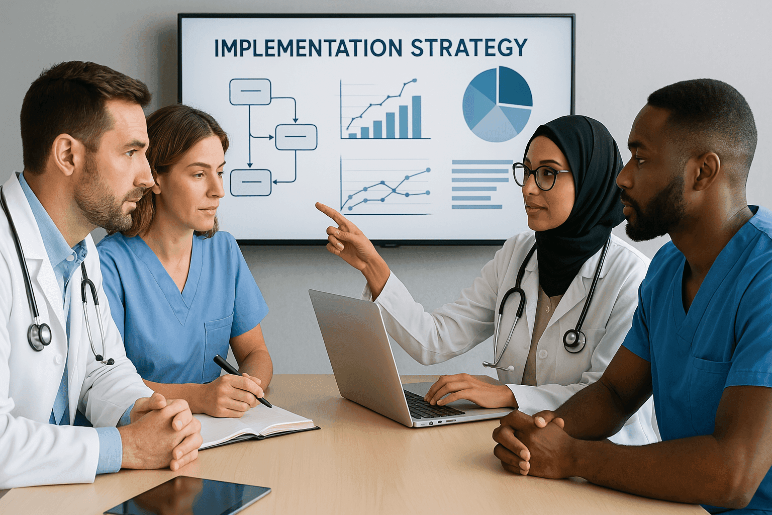 Healthcare professionals collaborating on digital billing implementation strategy