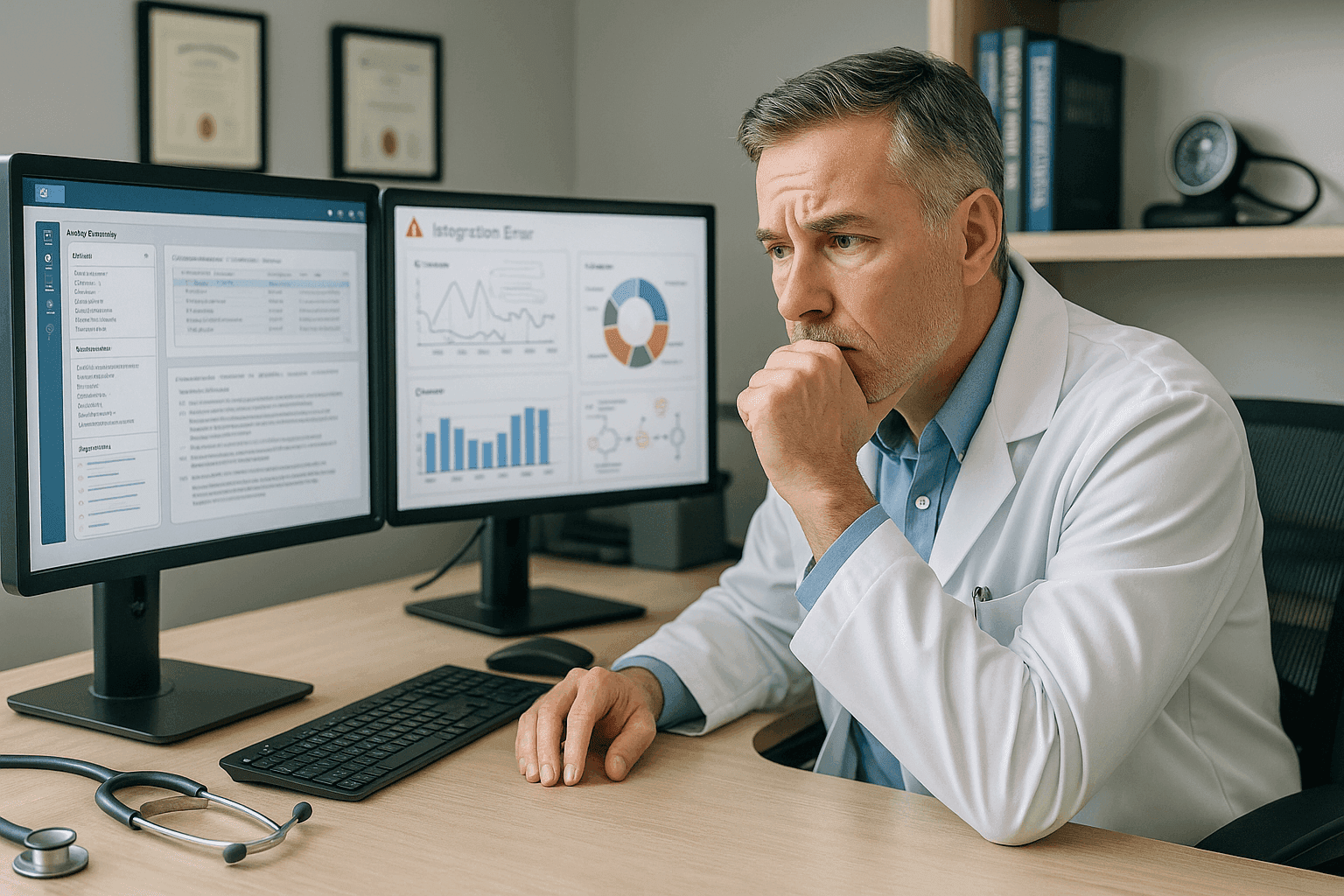 Family practice physician reviewing EHR billing software integration dashboard with workflow charts showing revenue optimization