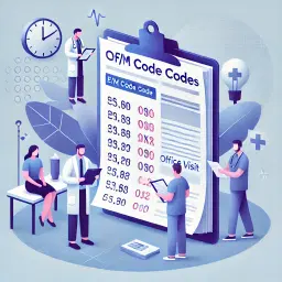 Illustration of medical professionals reviewing and optimizing evaluation and management codes for office visits and consultations