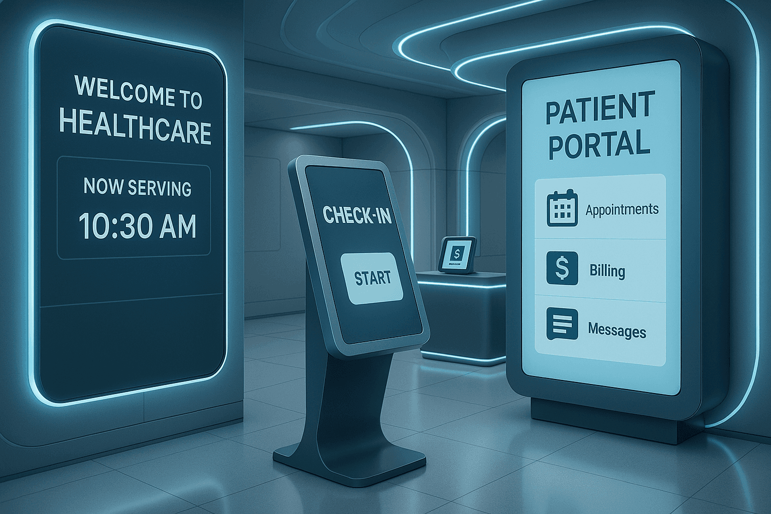 Modern healthcare facility with integrated digital patient communication systems