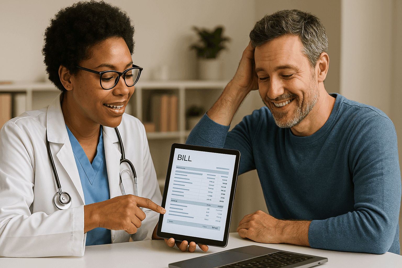Healthcare provider explaining medical bill to patient using digital tools