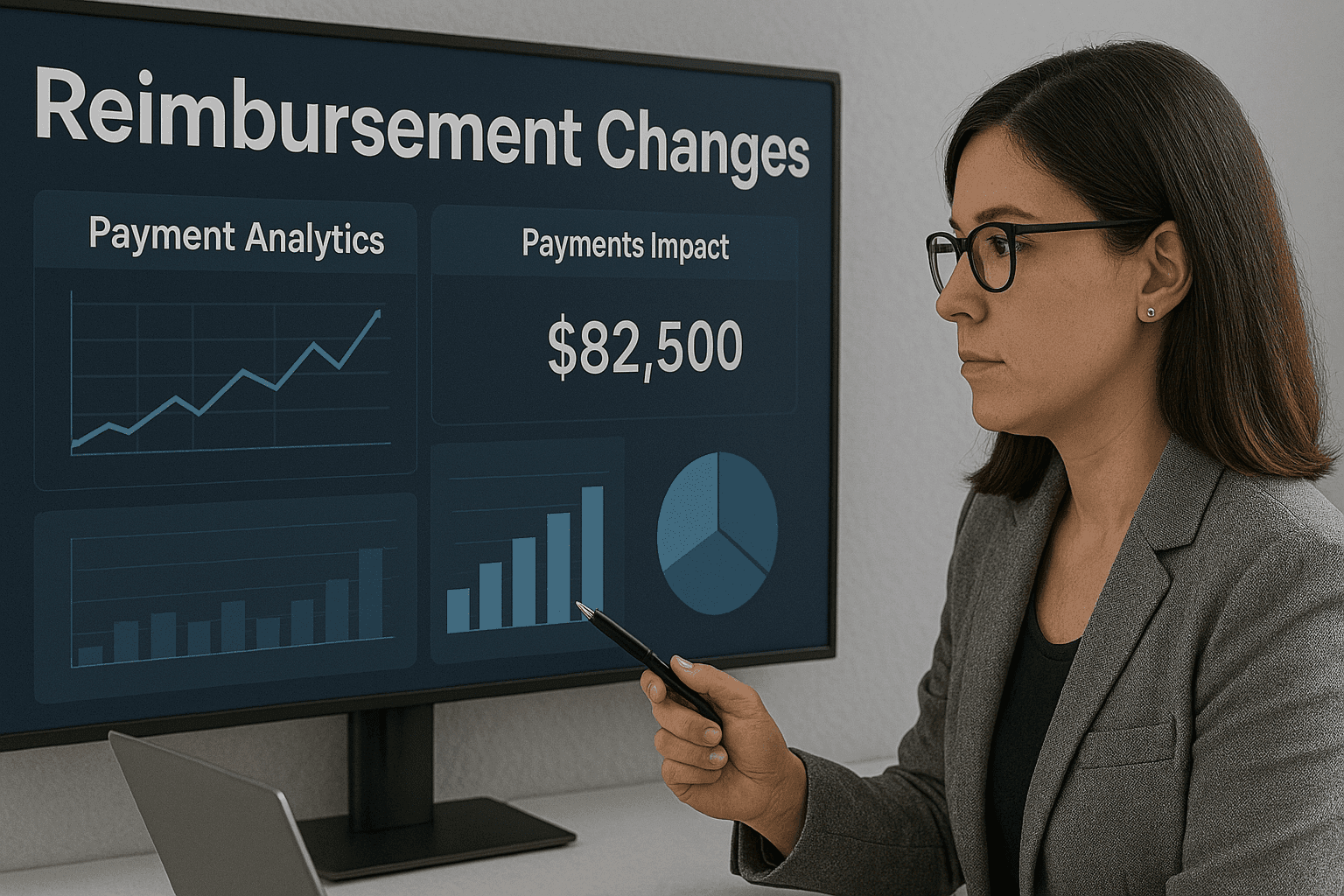 Healthcare billing specialist analyzing reimbursement changes with digital dashboard