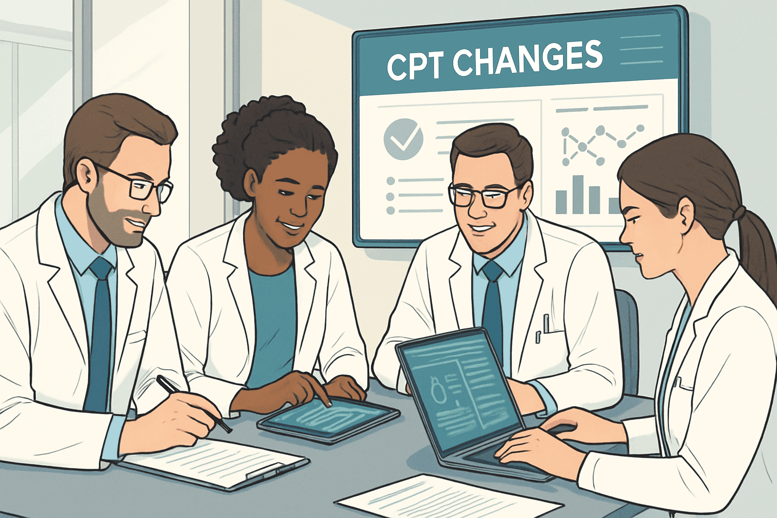 Healthcare team collaborating to solve CPT code implementation challenges