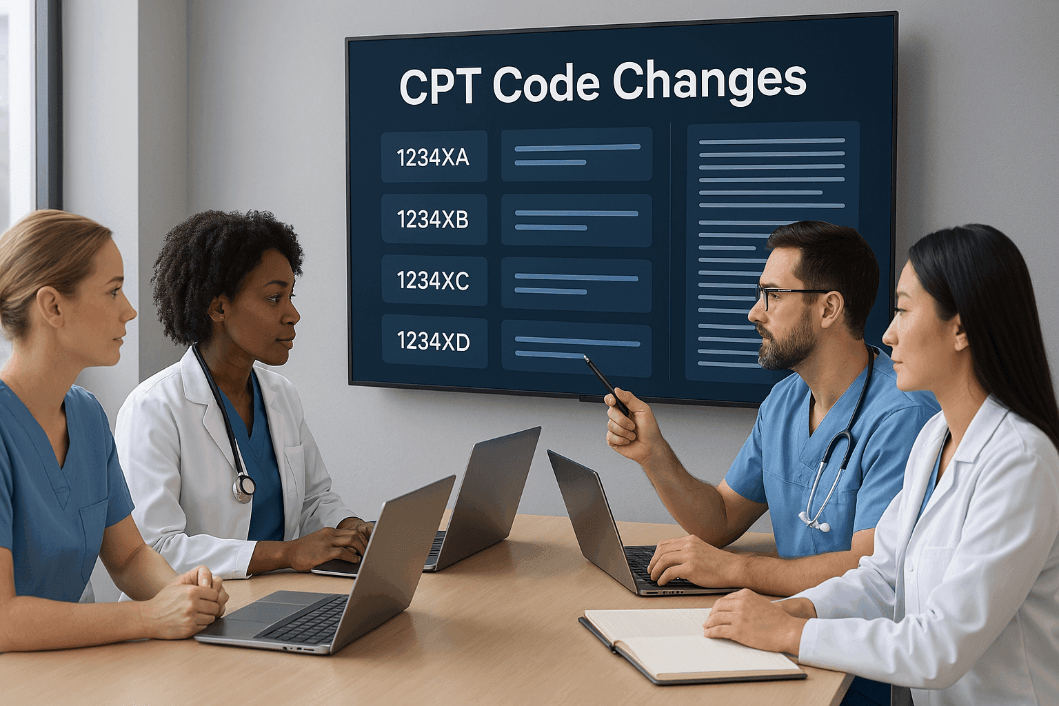 Healthcare team discussing CPT code changes with digital interface showing code updates