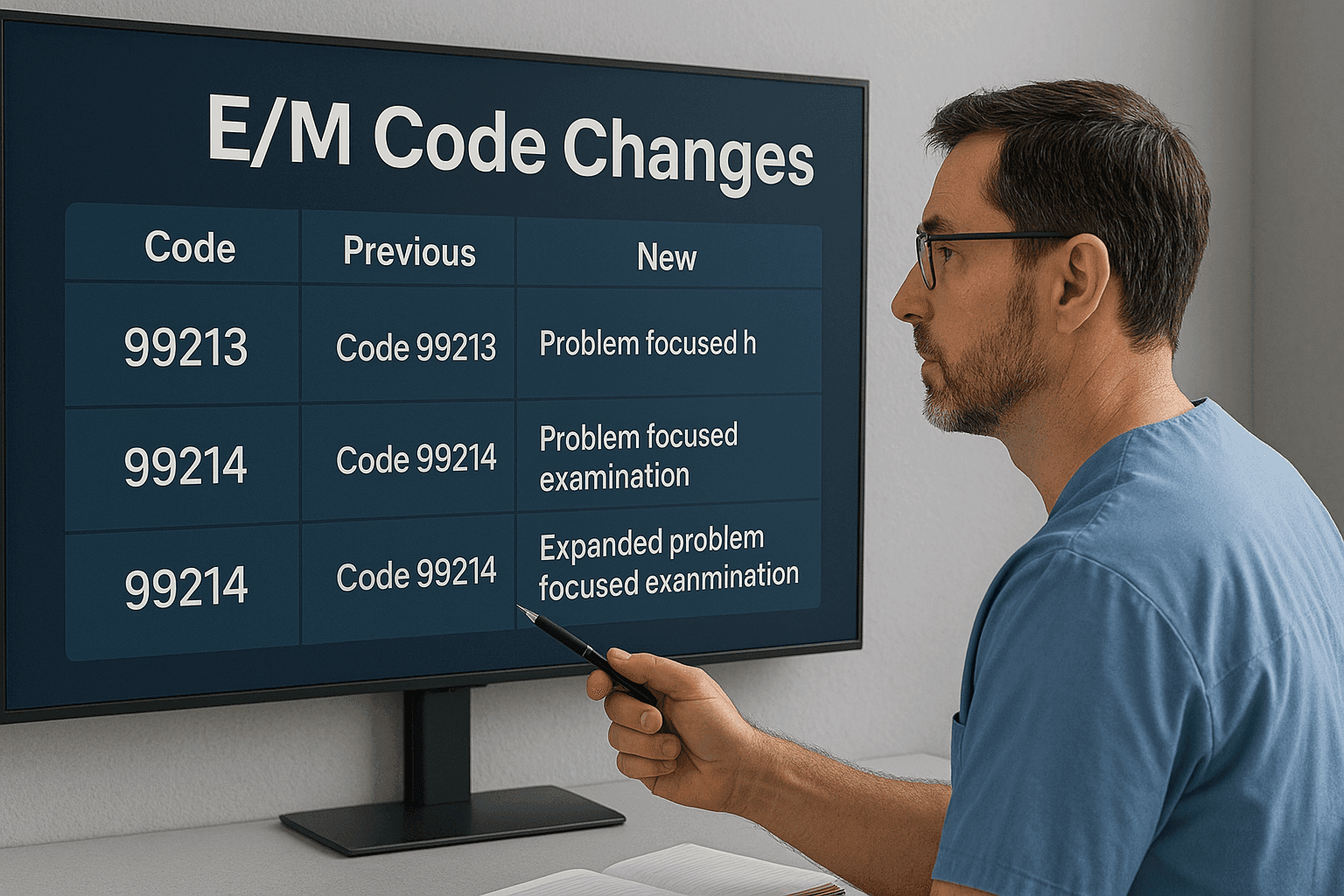 Medical professional reviewing updated E/M codes with digital interface showing changes