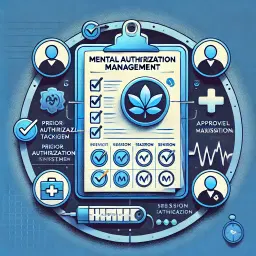 Illustration depicting mental health service authorization management system with approval tracking and session maximization workflow