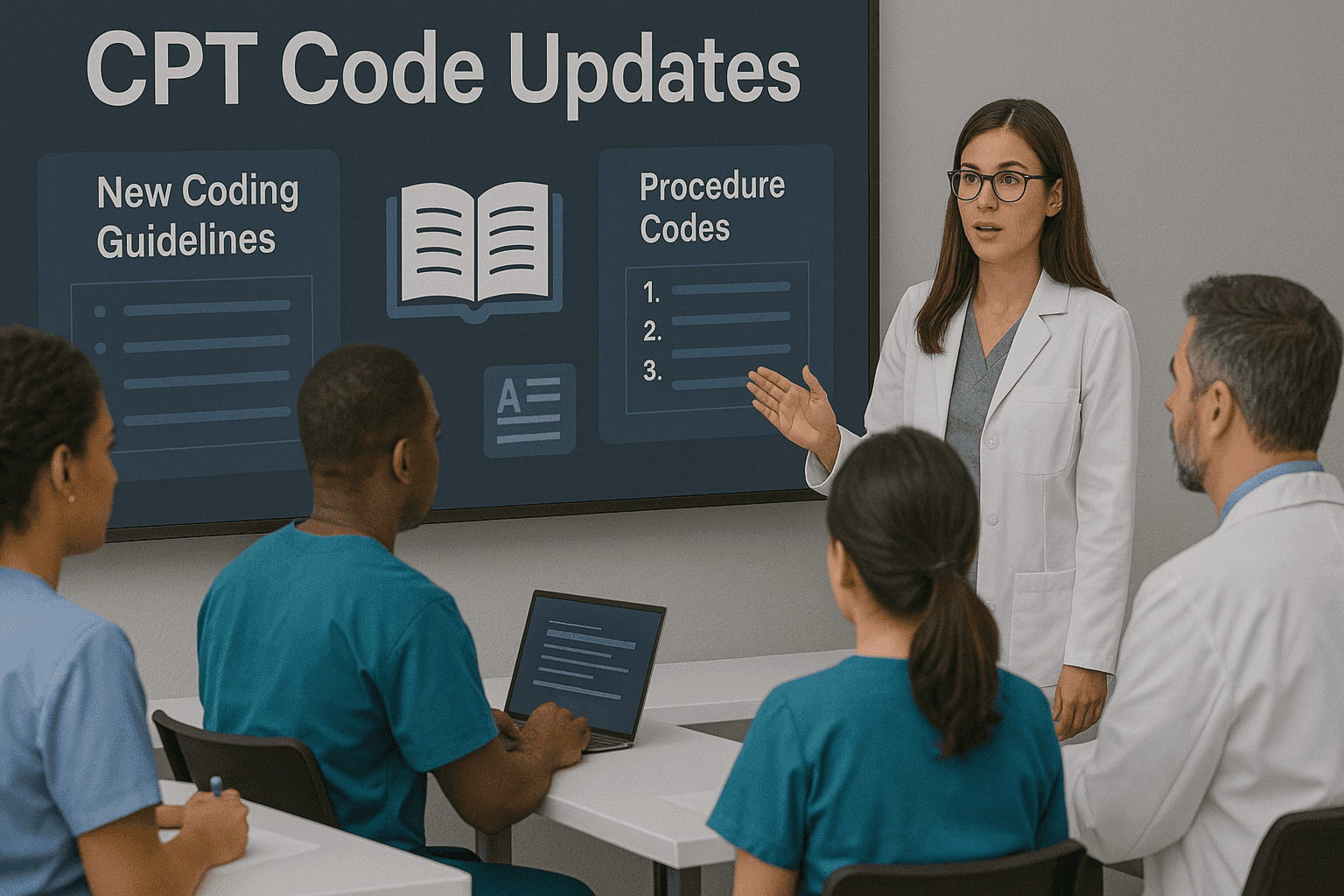 Healthcare team training on new CPT code changes with digital learning materials