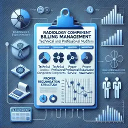 Illustration showing radiology component billing management with technical and professional components separation and appropriate modifier tracking