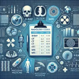 Illustration of comprehensive radiology coding showing CPT and ICD-10 codes for X-ray, CT, MRI, ultrasound, and nuclear medicine procedures