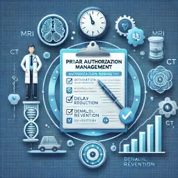 Illustration depicting efficient management of prior authorizations for advanced radiology imaging studies with delay reduction workflow