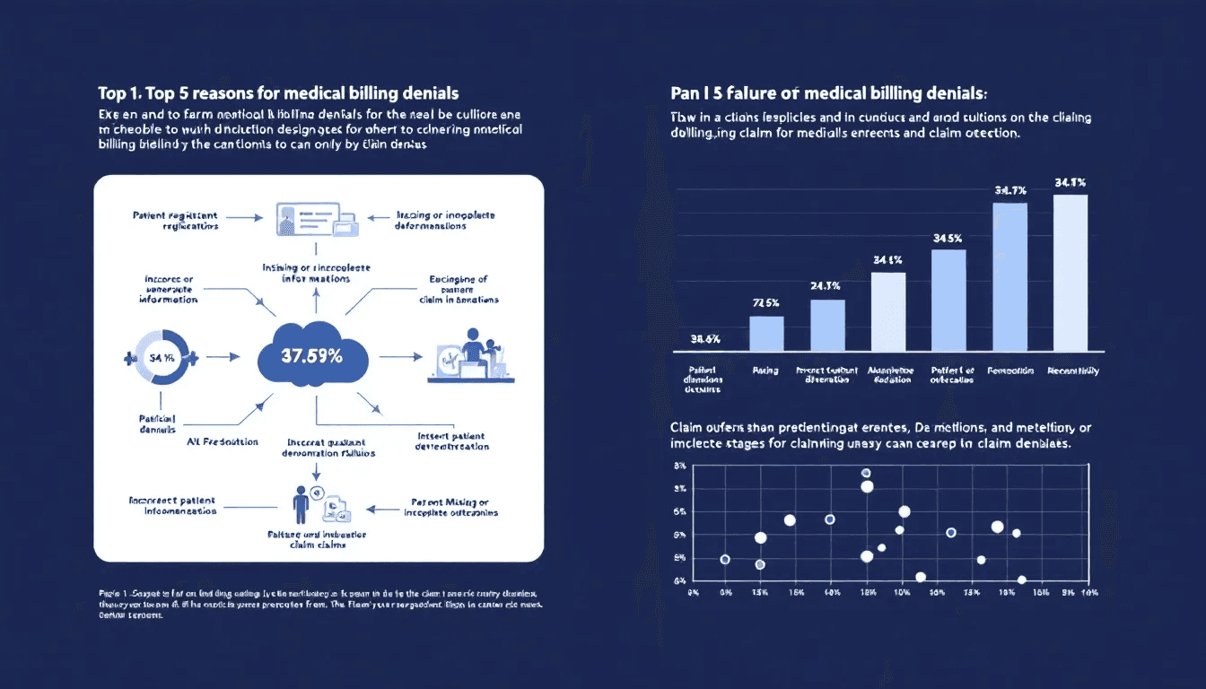 Detailed analysis of top 5 medical billing denial reasons showing 37.59% due to incorrect/missing information, with comparison chart of denial rates across patient information errors, coding issues, and authorization failures